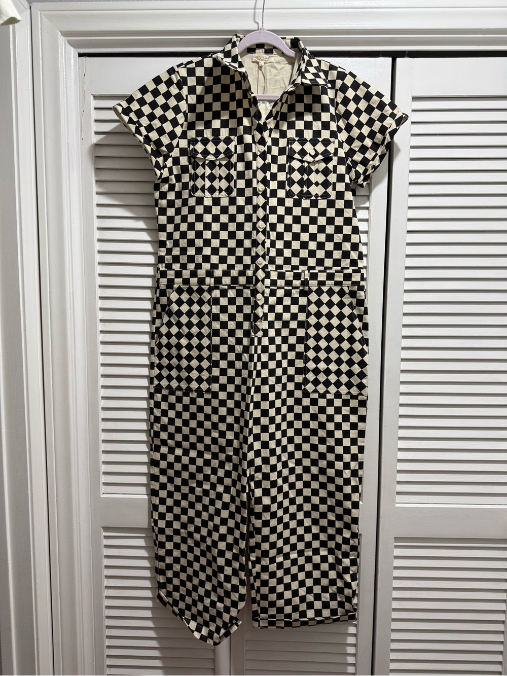 Roolee Black & White Checker Short-Sleeve Utility Jumpsuit